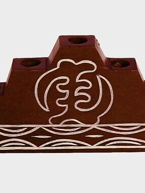 Carved Wooden Decorative Stand with Inlaid Design - Brown